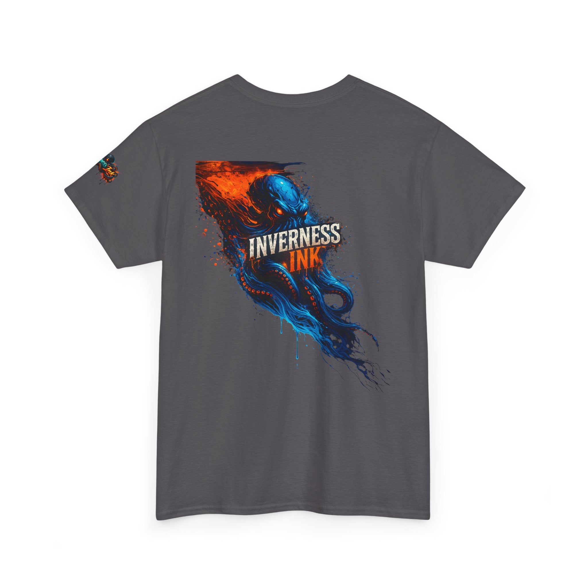 Inverness Ink Graphic Tee — Bold Blue & Orange Splash Backprint