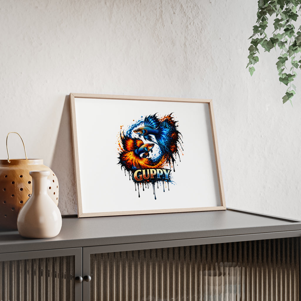 Guppy Fish Art Poster with Wooden Frame — Colorful Koi-Style Aquarium Print