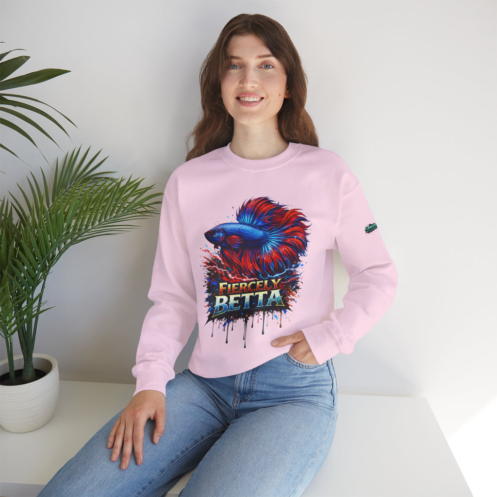 Betta Fish Crewneck Sweatshirt — "Fiercely Betta" Colorful Aquarium Graphic