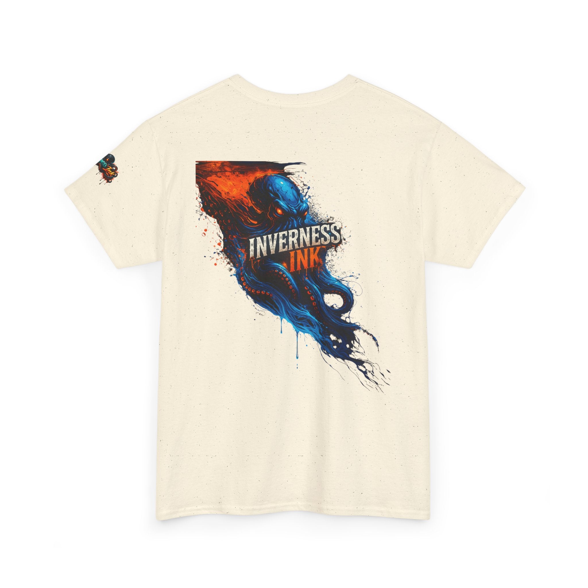 Inverness Ink Graphic Tee — Bold Blue & Orange Splash Backprint