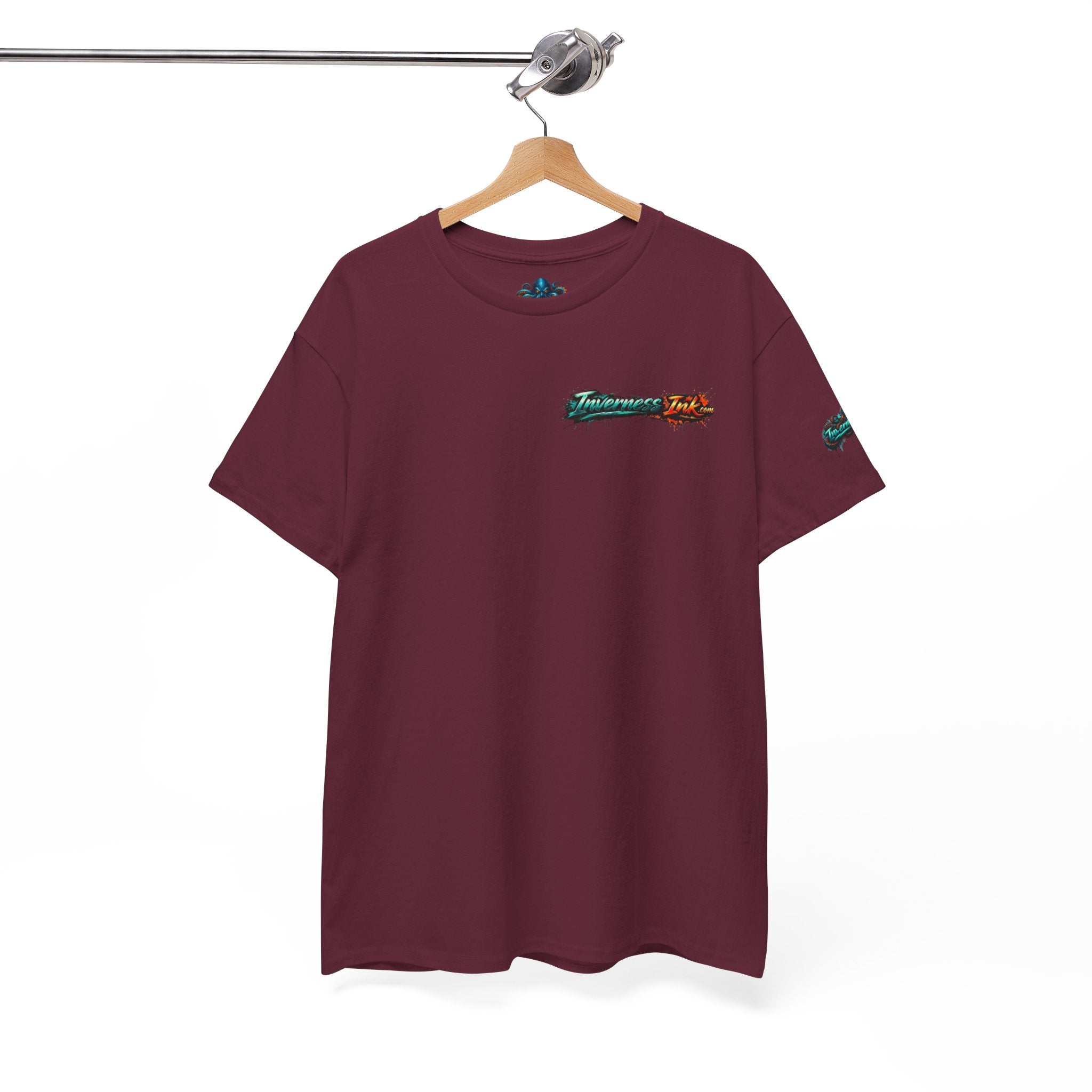 Inverness Ink Graphic Tee — Bold Blue & Orange Splash Backprint