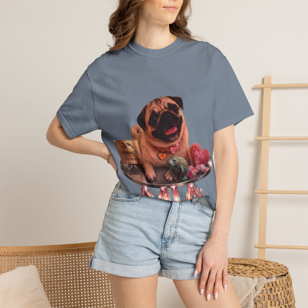 Pug Pet Portrait T-Shirt — Personalized "MIA" Dog Design