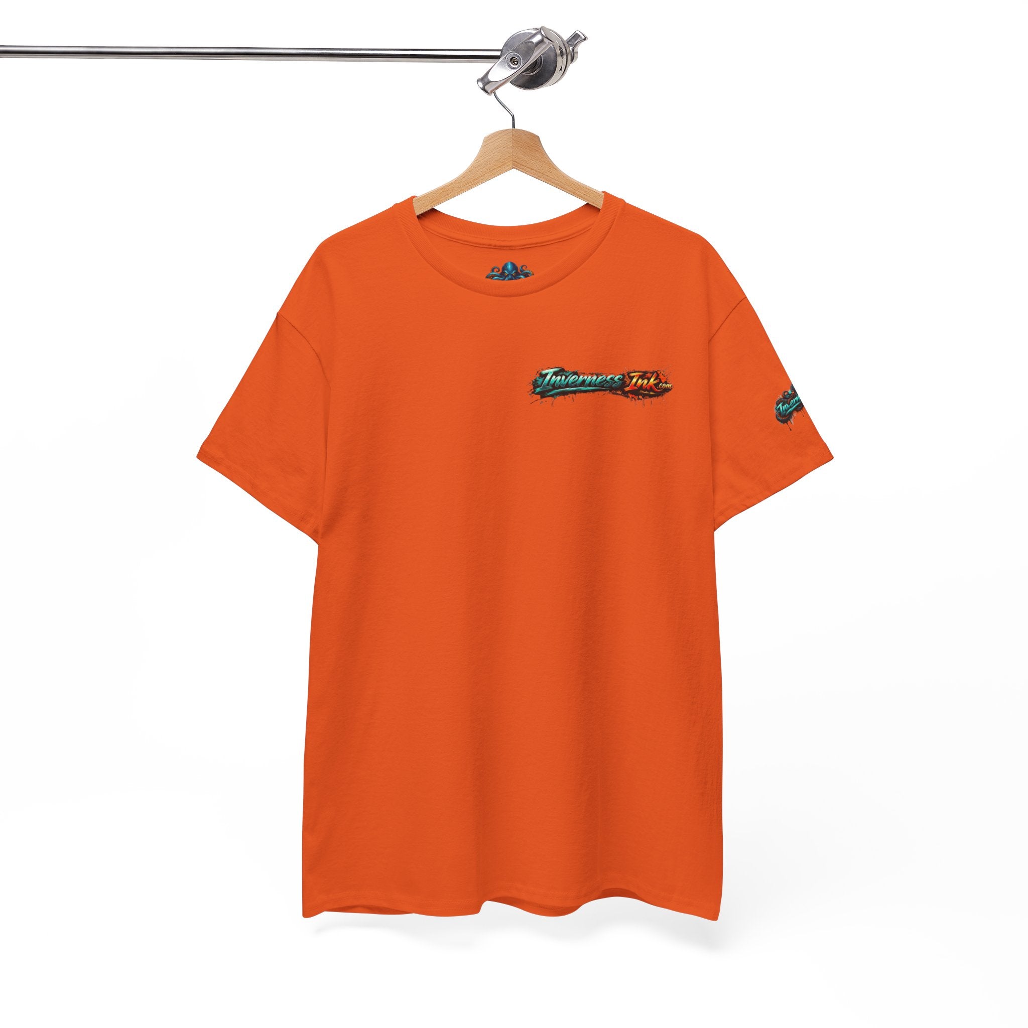 Inverness Ink Graphic Tee — Bold Blue & Orange Splash Backprint