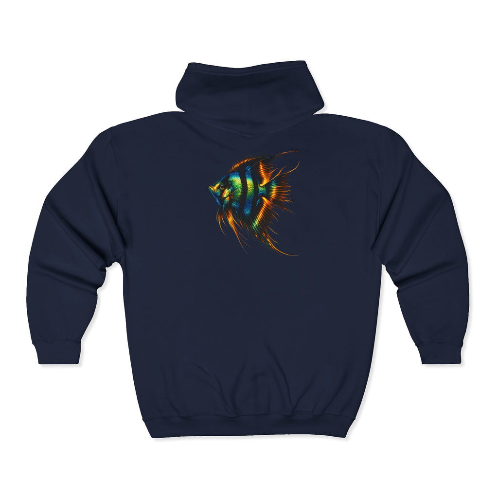 Angelfish Neon Art Zip Hoodie – Colorful Aquarium Fish Back Print