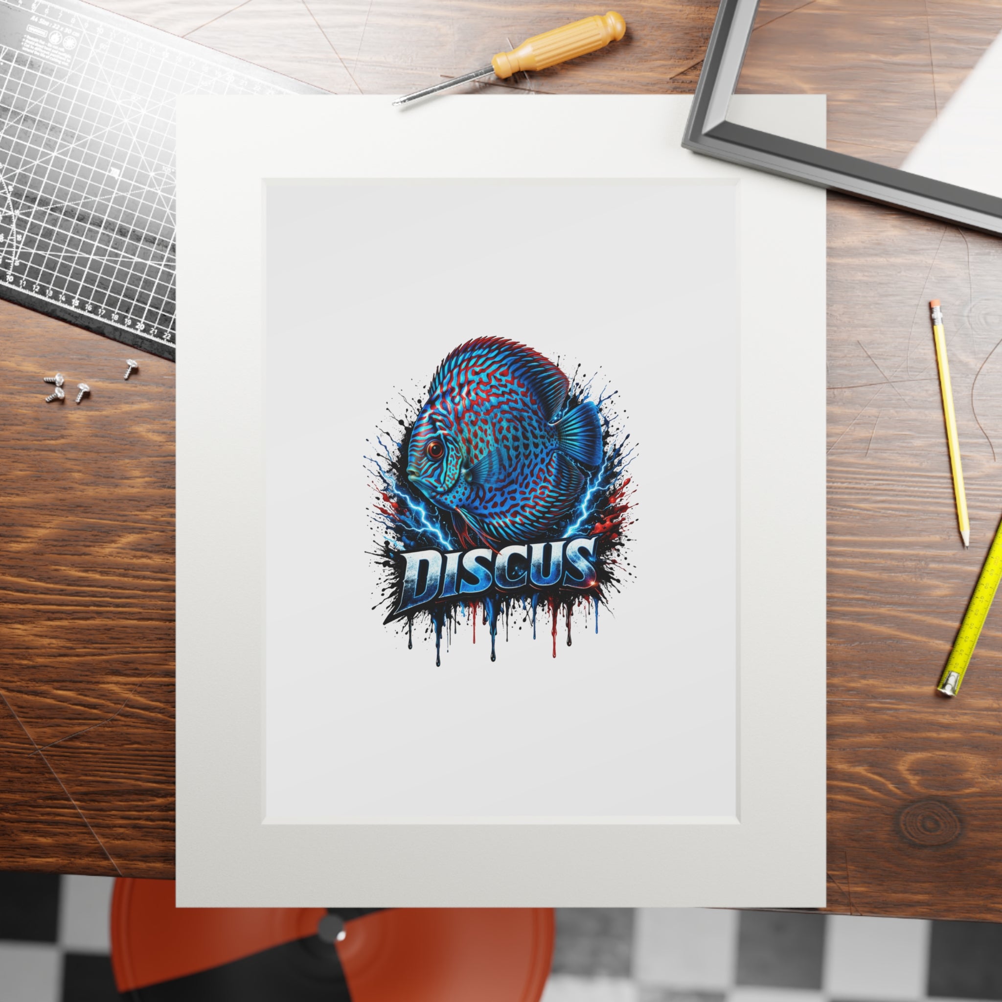 Discus Fish Fine Art Print with Passepartout Frame — Vibrant Blue Aquarium Wall Art