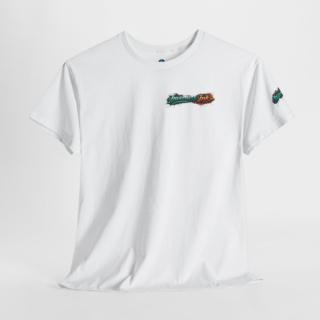 Inverness Ink Graphic Tee — Bold Blue & Orange Splash Backprint
