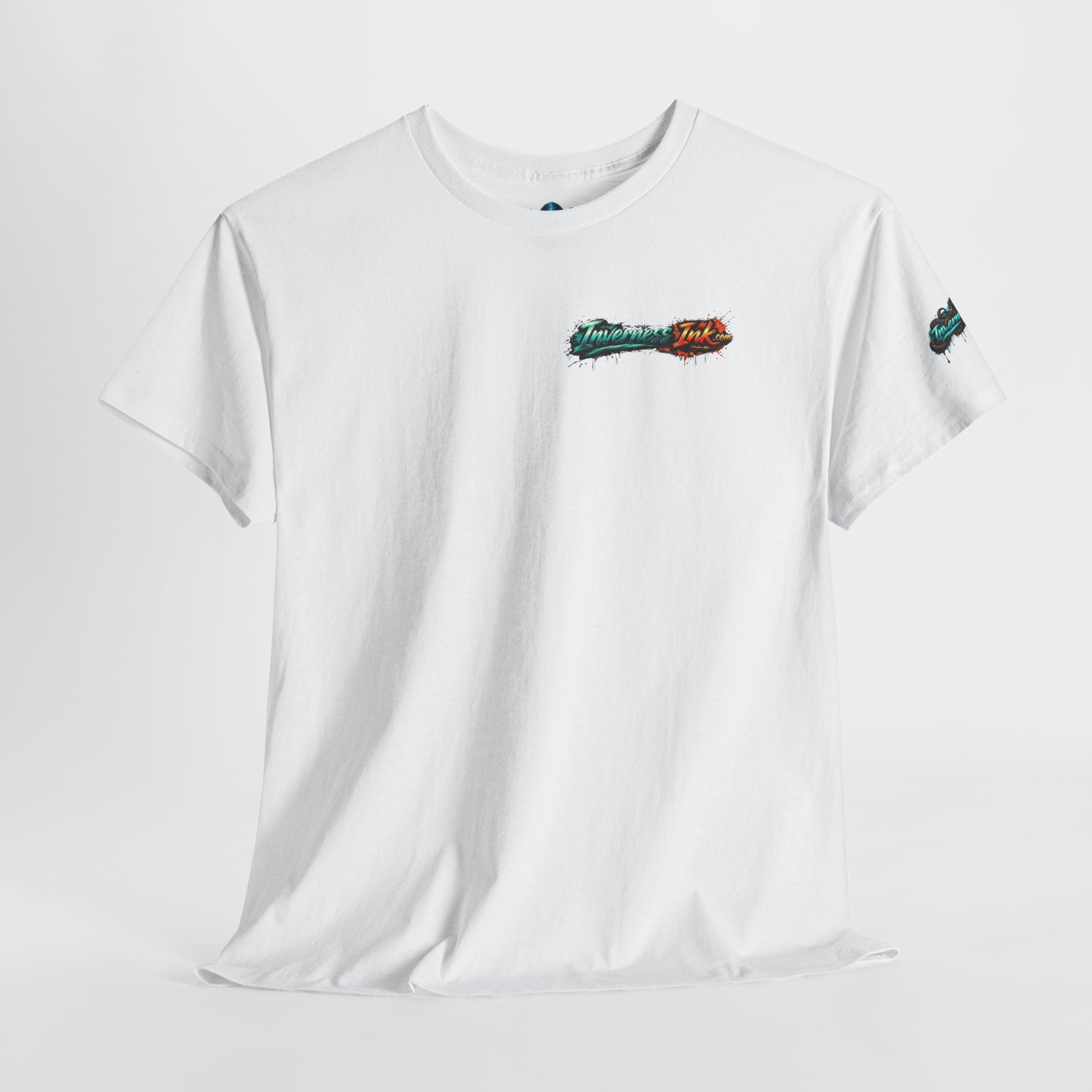 Inverness Ink Graphic Tee — Bold Blue & Orange Splash Backprint