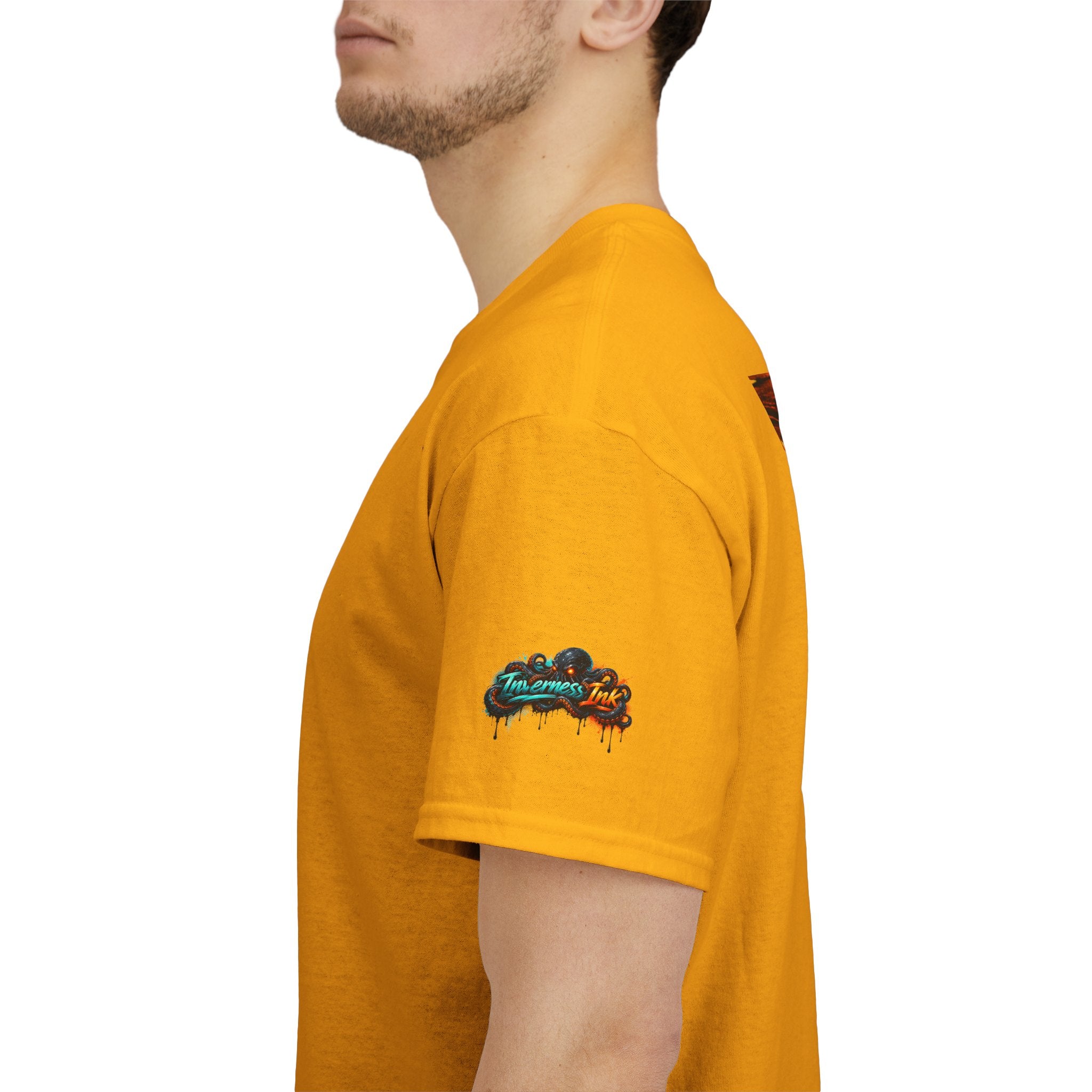 Inverness Ink Graphic Tee — Bold Blue & Orange Splash Backprint
