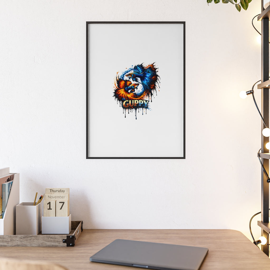 Guppy Fish Art Poster with Wooden Frame — Colorful Koi-Style Aquarium Print