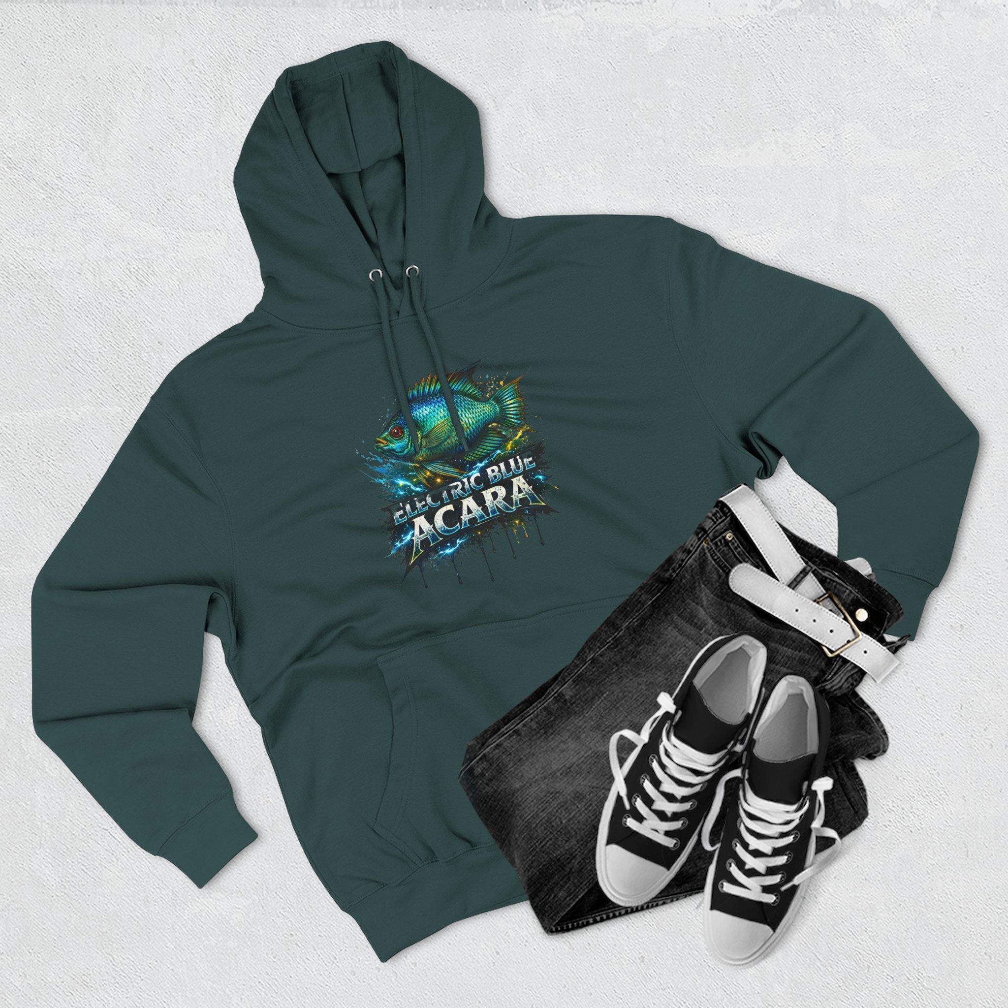 Electric Blue Acara Hoodie — Colorful Aquarium Fish Graphic Fleece Pullover