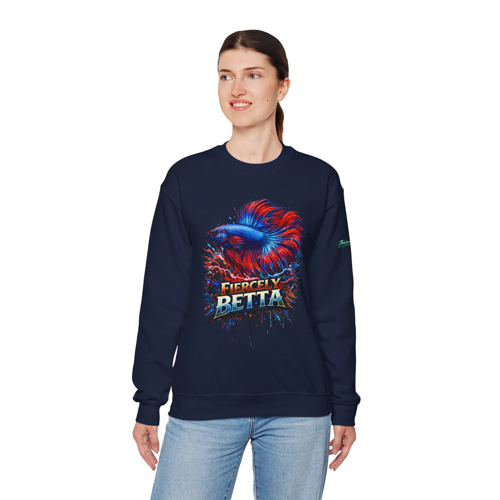 Betta Fish Crewneck Sweatshirt — "Fiercely Betta" Colorful Aquarium Graphic