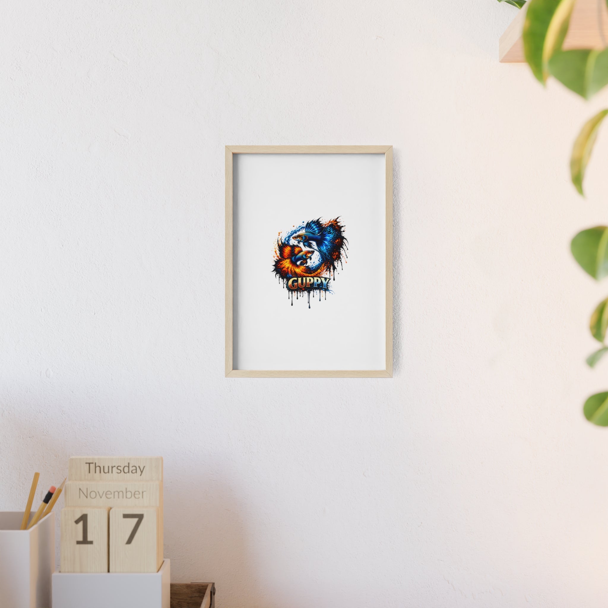 Guppy Fish Art Poster with Wooden Frame — Colorful Koi-Style Aquarium Print