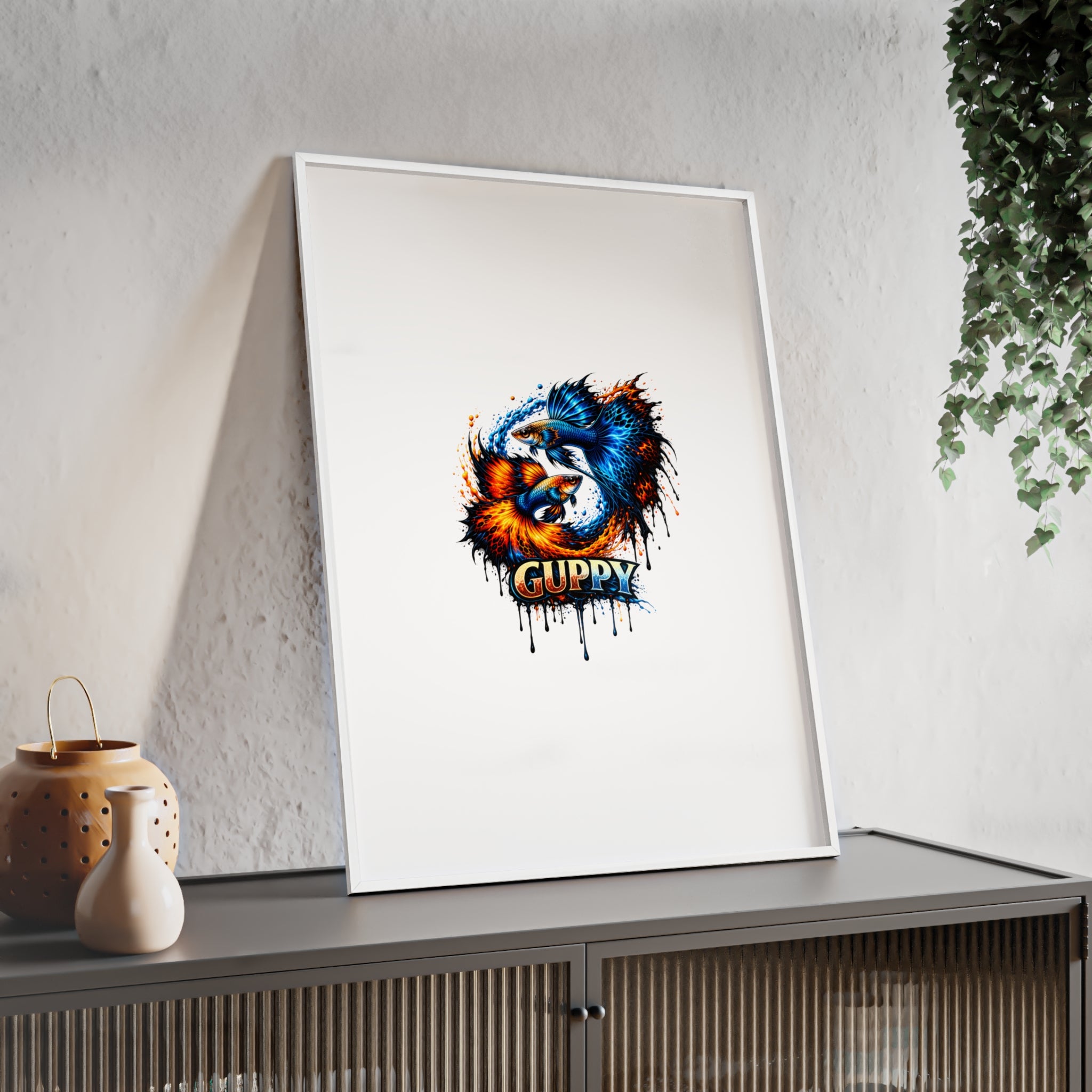 Guppy Fish Art Poster with Wooden Frame — Colorful Koi-Style Aquarium Print