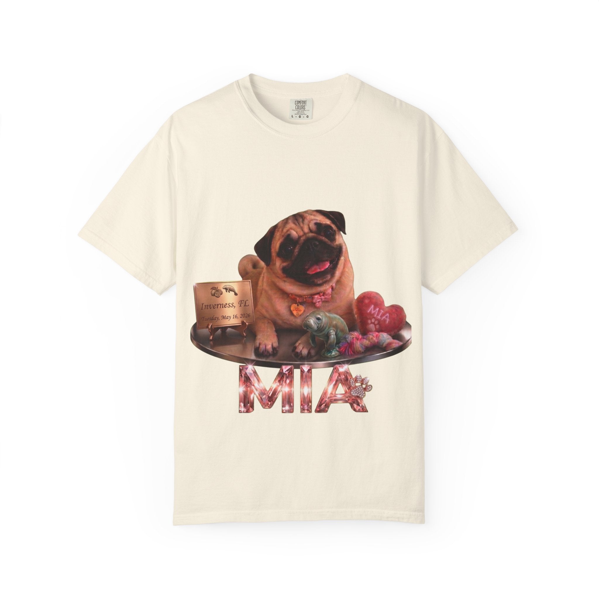 Pug Pet Portrait T-Shirt — Personalized "MIA" Dog Design