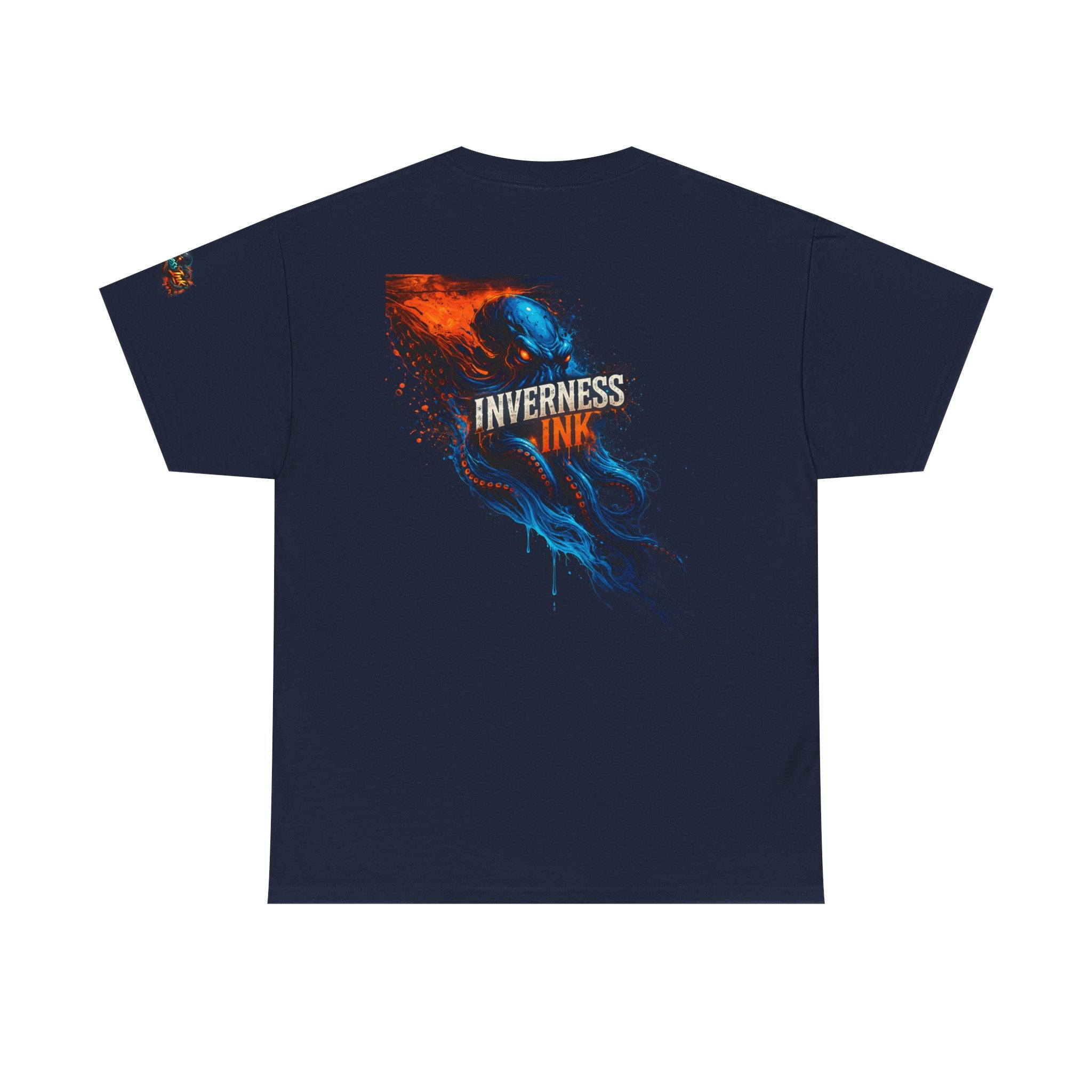 Inverness Ink Graphic Tee — Bold Blue & Orange Splash Backprint