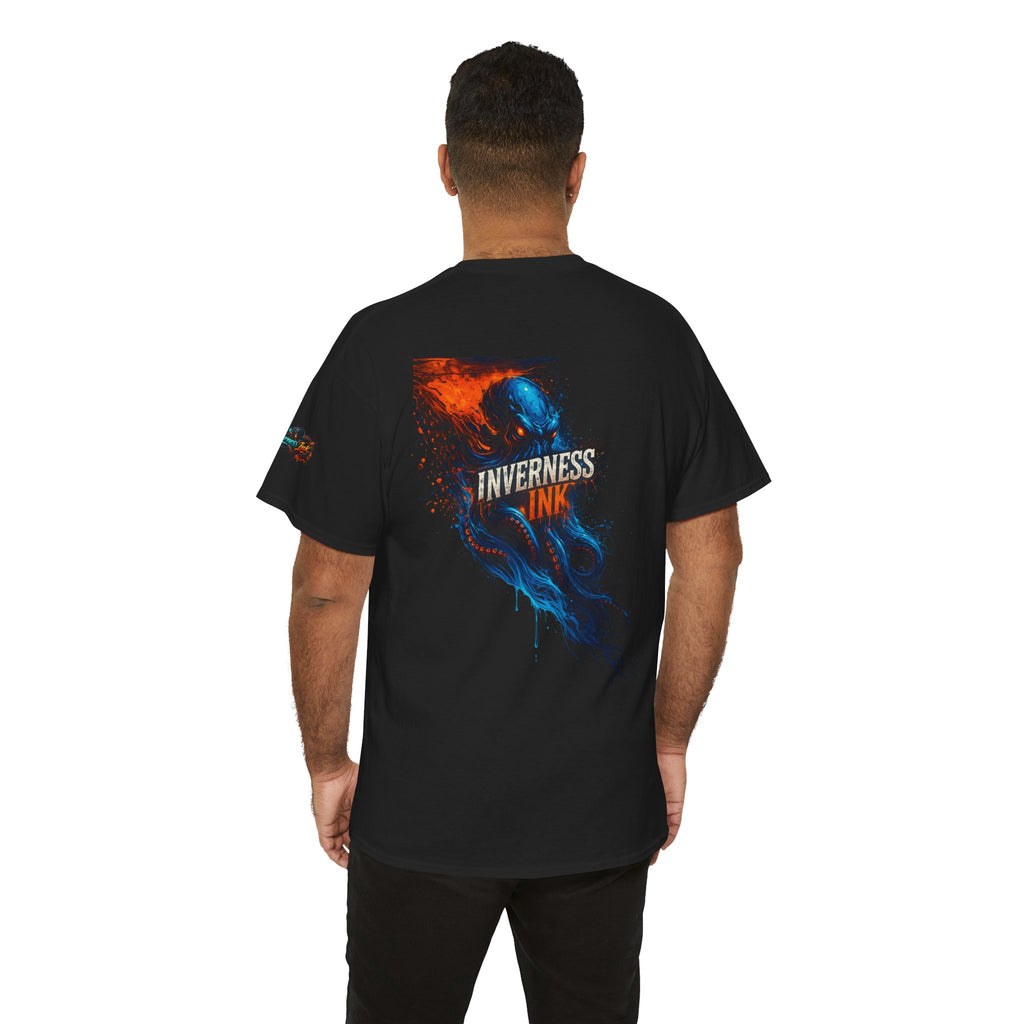 Inverness Ink Graphic Tee — Bold Blue & Orange Splash Backprint