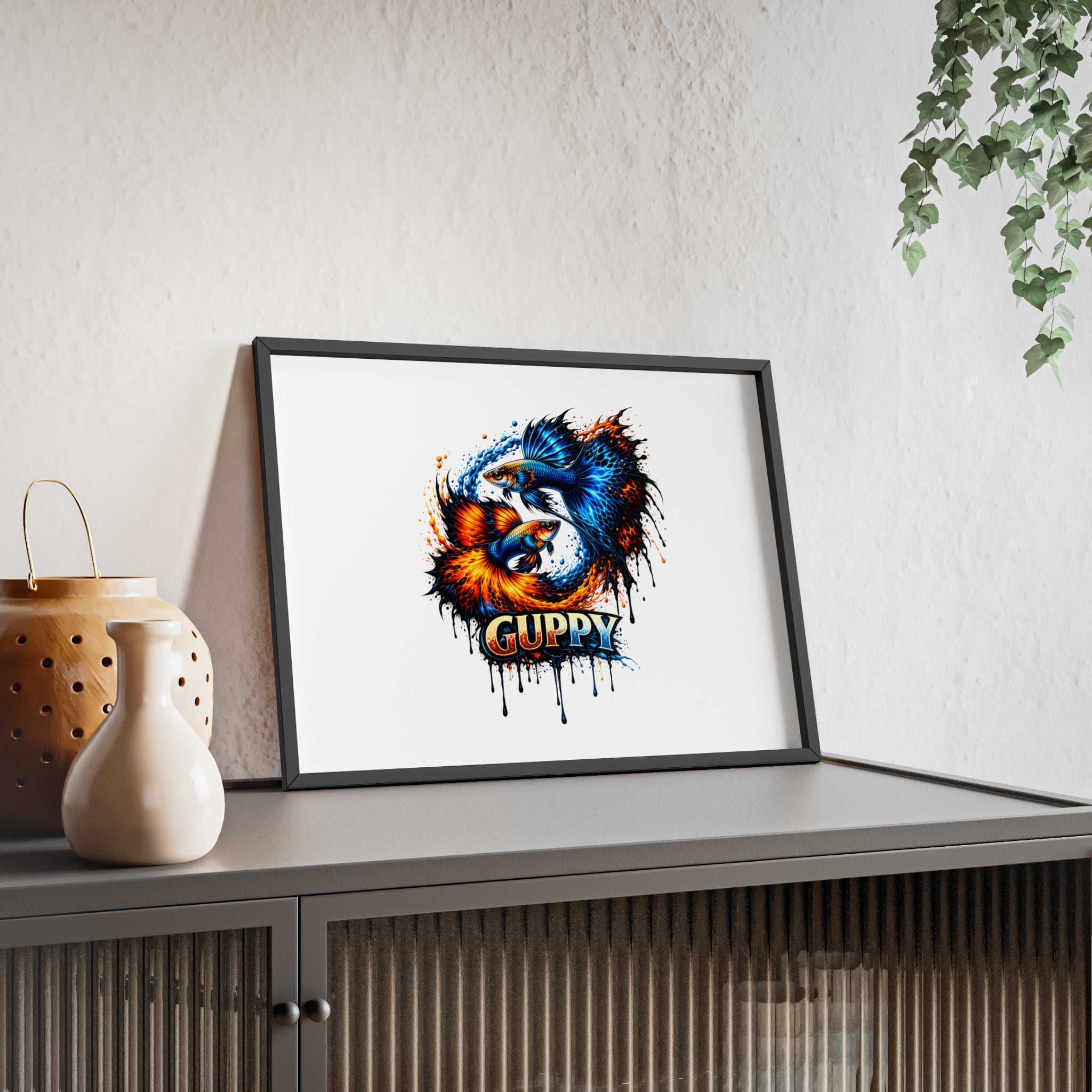 Guppy Fish Art Poster with Wooden Frame — Colorful Koi-Style Aquarium Print