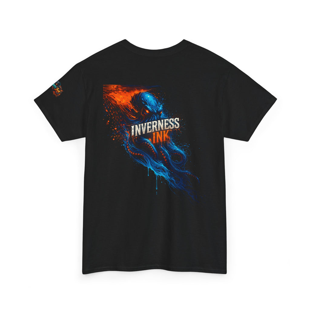 Inverness Ink Graphic Tee — Bold Blue & Orange Splash Backprint