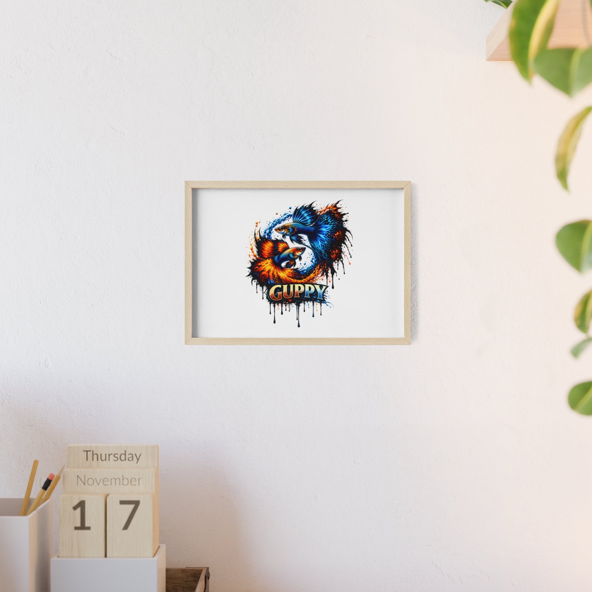 Guppy Fish Art Poster with Wooden Frame — Colorful Koi-Style Aquarium Print