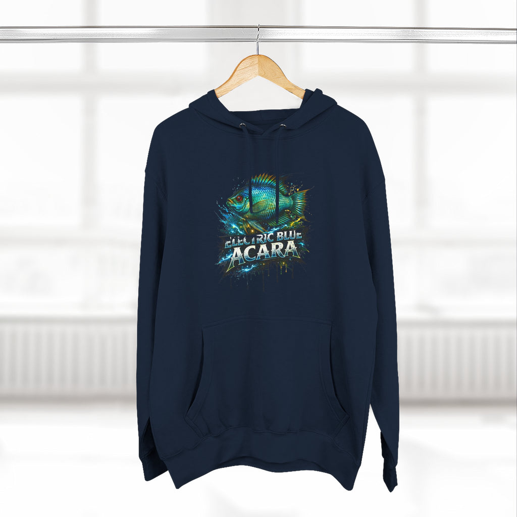 Electric Blue Acara Hoodie — Colorful Aquarium Fish Graphic Fleece Pullover