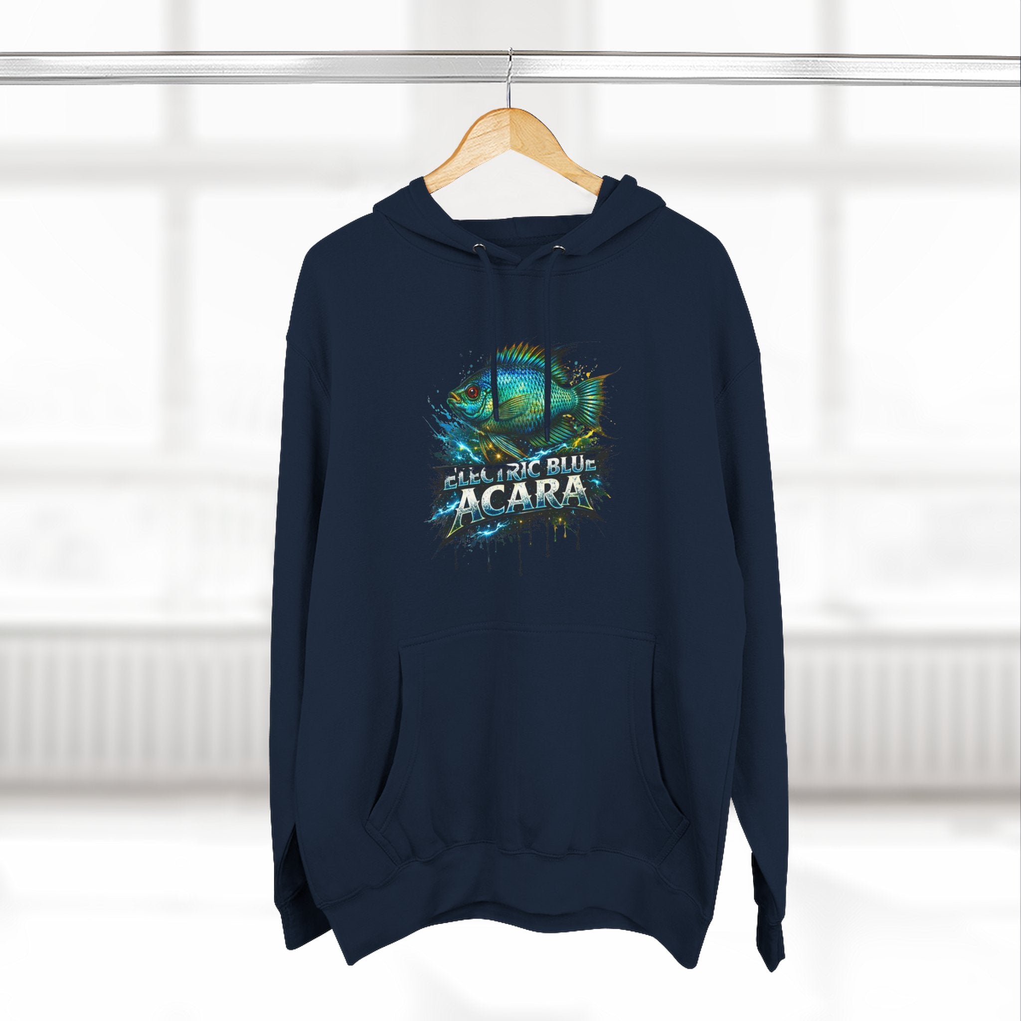 Electric Blue Acara Hoodie — Colorful Aquarium Fish Graphic Fleece Pullover