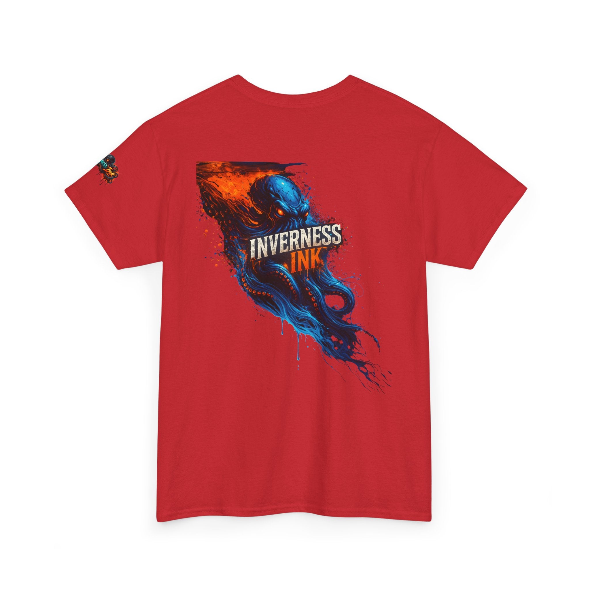 Inverness Ink Graphic Tee — Bold Blue & Orange Splash Backprint
