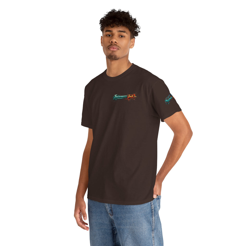Inverness Ink Graphic Tee — Bold Blue & Orange Splash Backprint