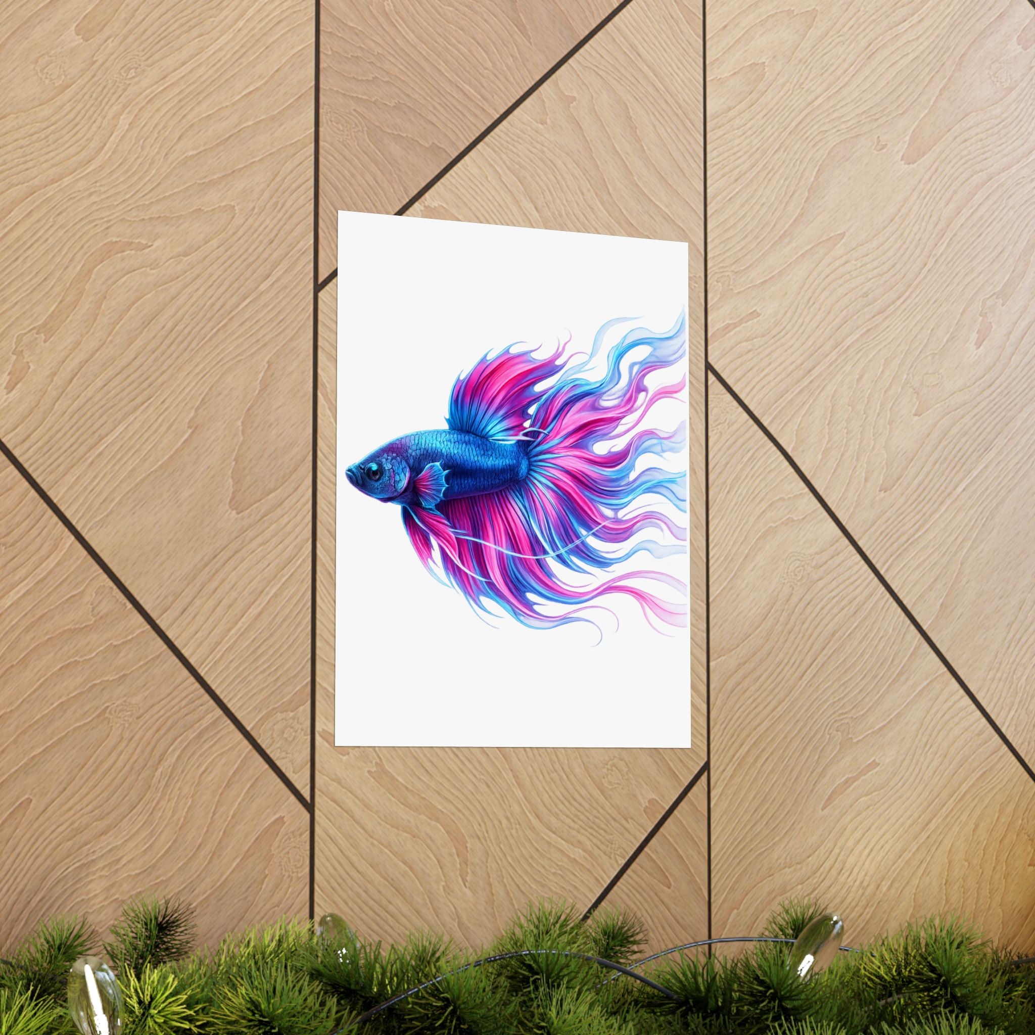 Betta Fish Art Poster — Colorful Blue & Pink Matte Vertical Wall Print