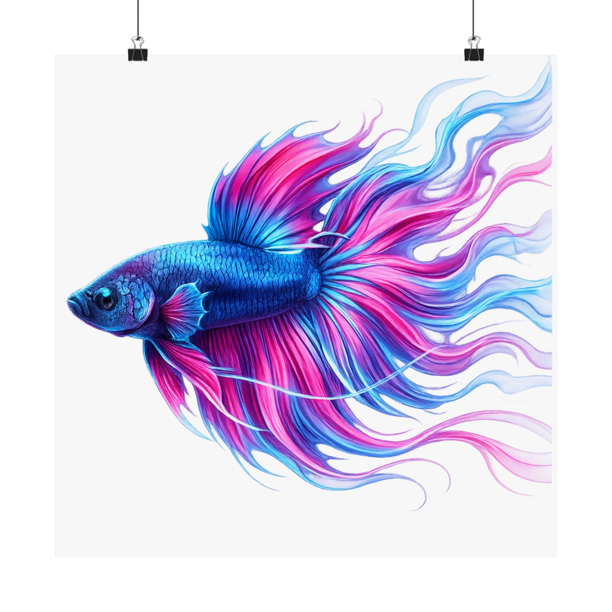 Betta Fish Art Poster — Colorful Blue & Pink Matte Vertical Wall Print