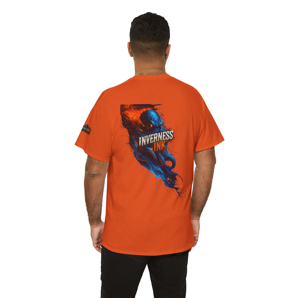 Inverness Ink Graphic Tee — Bold Blue & Orange Splash Backprint