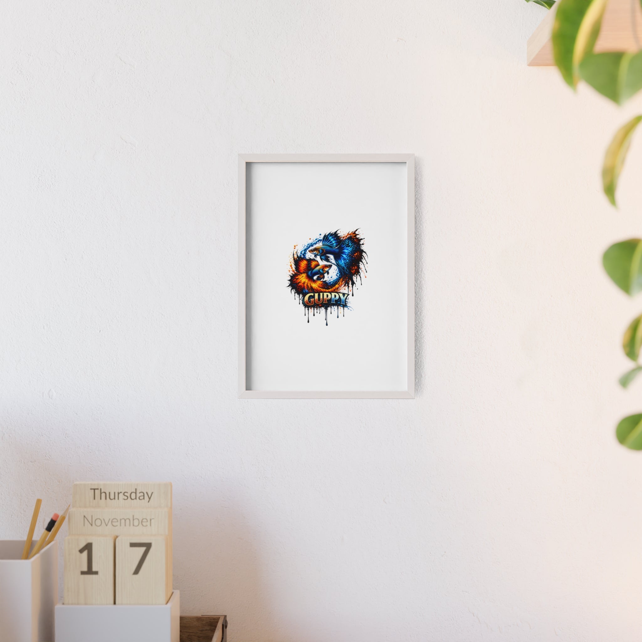 Guppy Fish Art Poster with Wooden Frame — Colorful Koi-Style Aquarium Print