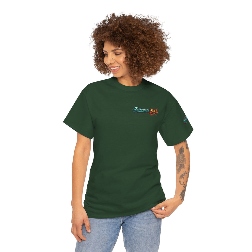 Inverness Ink Graphic Tee — Bold Blue & Orange Splash Backprint