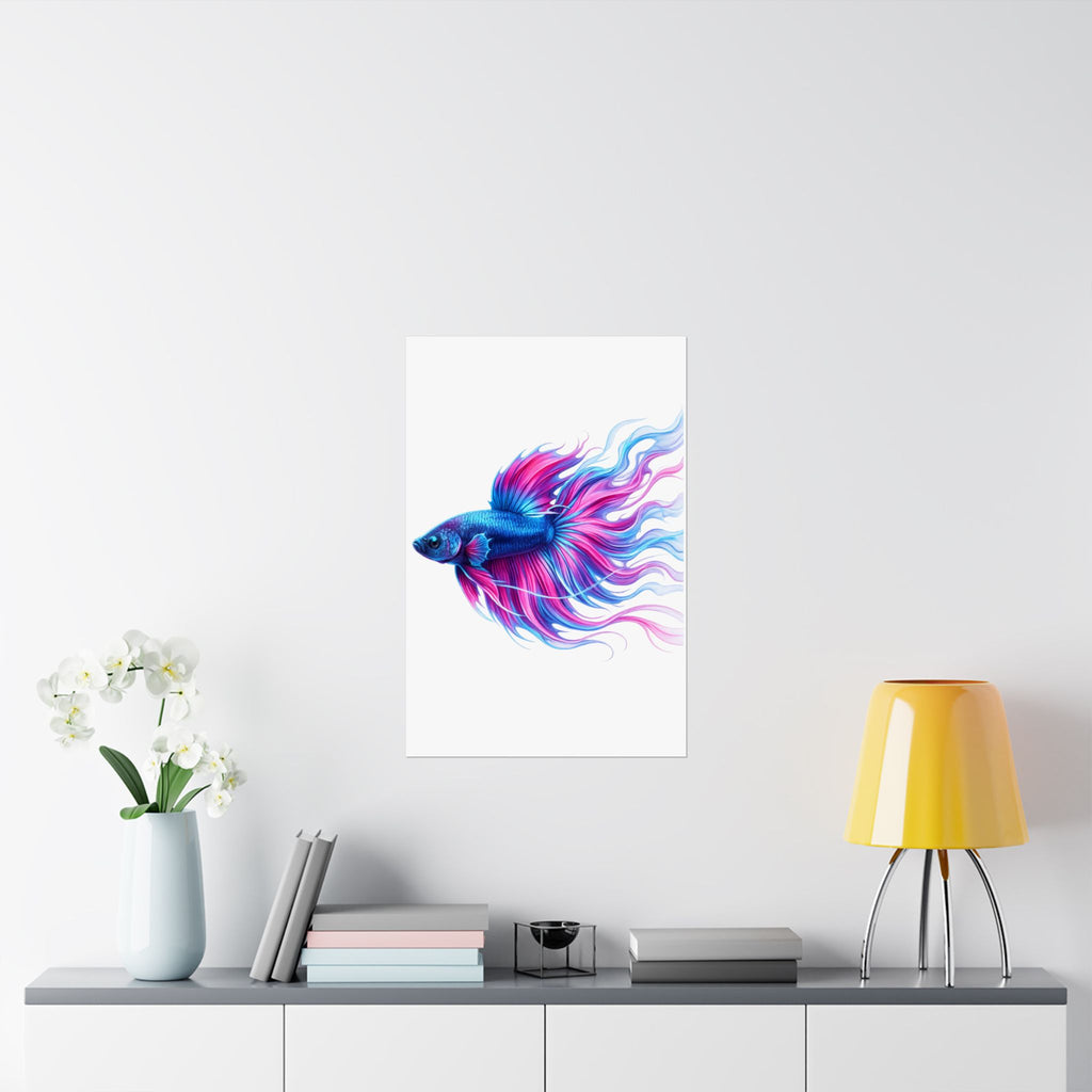 Betta Fish Art Poster — Colorful Blue & Pink Matte Vertical Wall Print