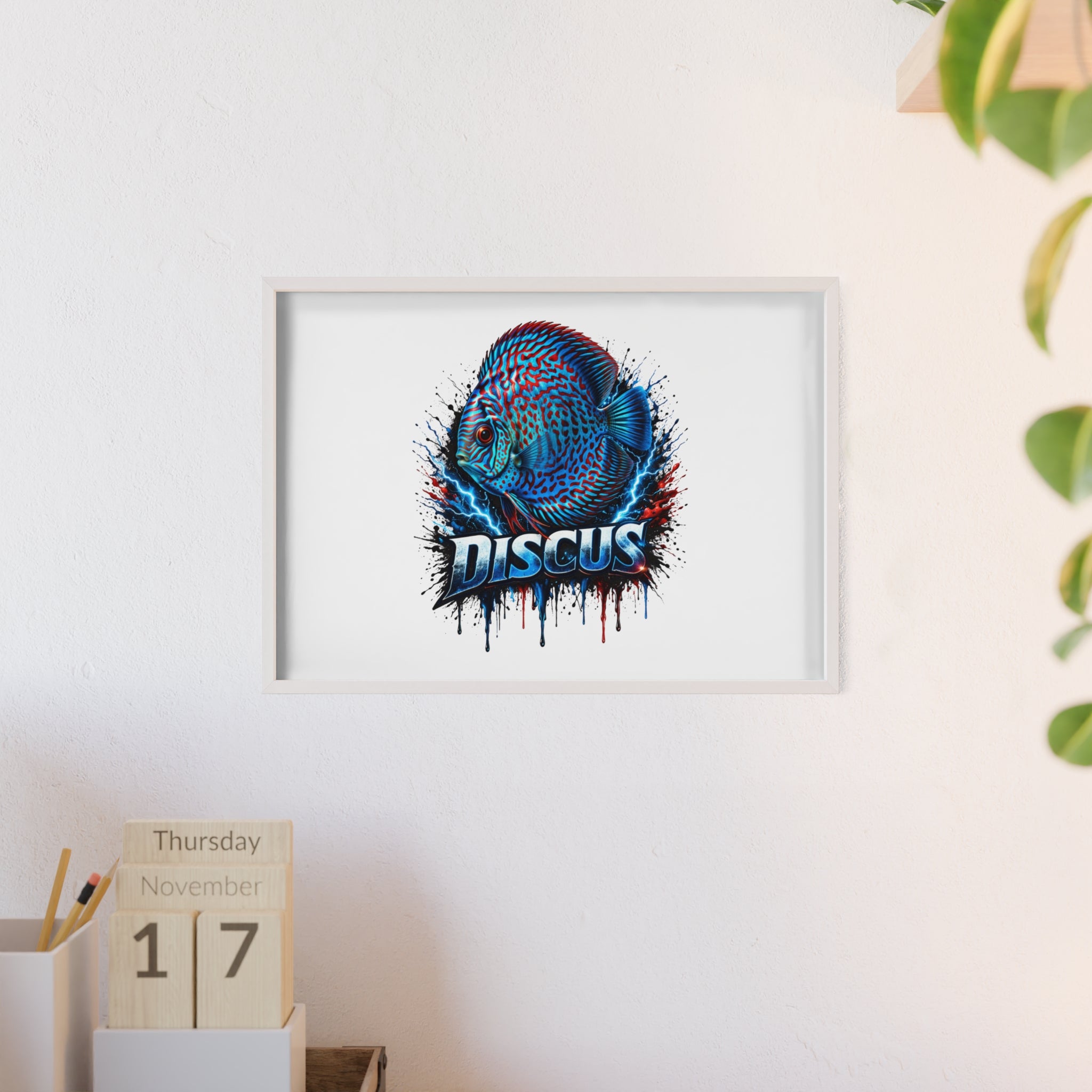 Discus Fish Poster with Wooden Frame — Colorful Aquarium Art Print