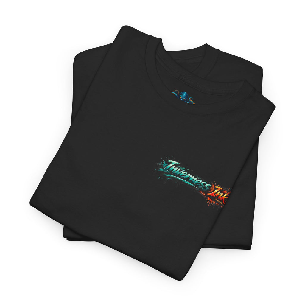 Inverness Ink Graphic Tee — Bold Blue & Orange Splash Backprint