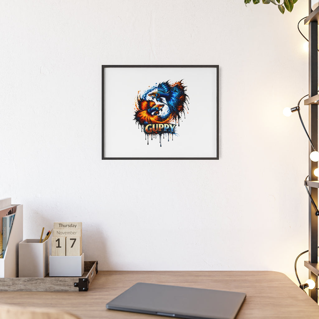 Guppy Fish Art Poster with Wooden Frame — Colorful Koi-Style Aquarium Print