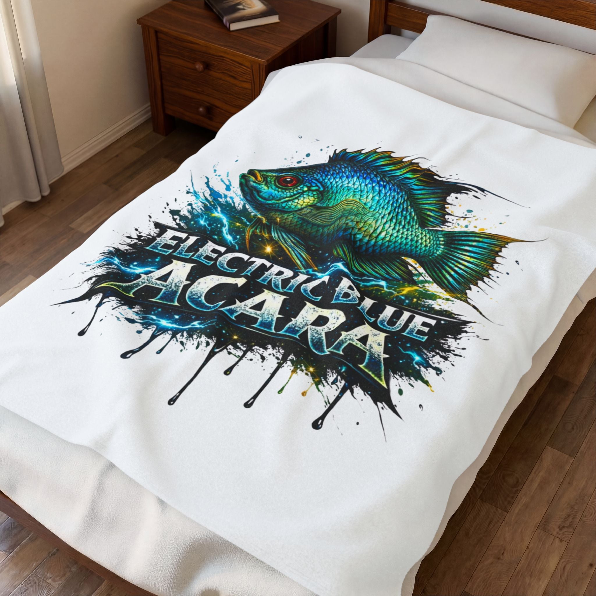 Electric Blue Acara Velveteen Plush Blanket — Vibrant Fish Design for Aquarium Lovers