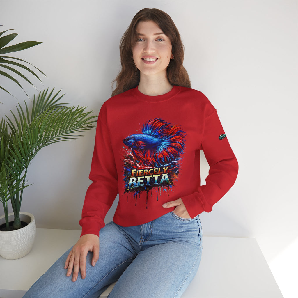 Betta Fish Crewneck Sweatshirt — "Fiercely Betta" Colorful Aquarium Graphic