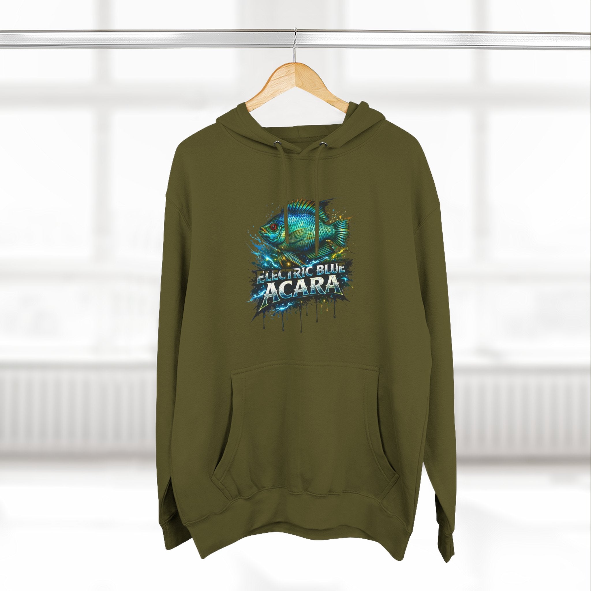 Electric Blue Acara Hoodie — Colorful Aquarium Fish Graphic Fleece Pullover