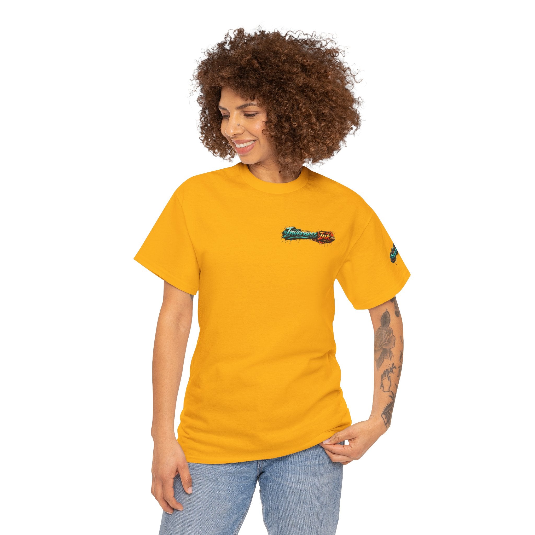 Inverness Ink Graphic Tee — Bold Blue & Orange Splash Backprint