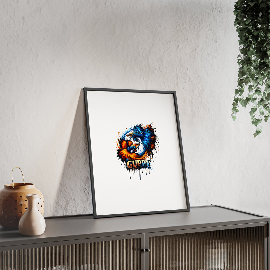 Guppy Fish Art Poster with Wooden Frame — Colorful Koi-Style Aquarium Print
