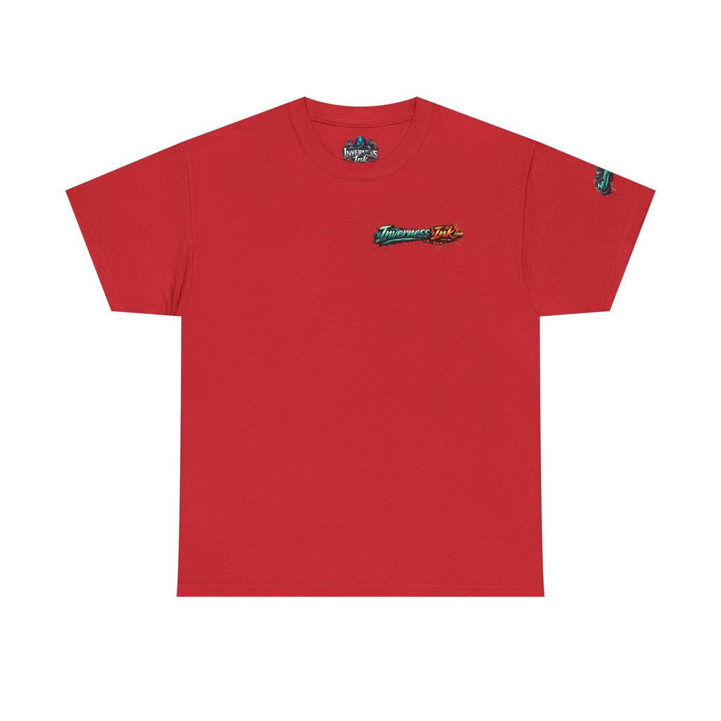 Inverness Ink Graphic Tee — Bold Blue & Orange Splash Backprint