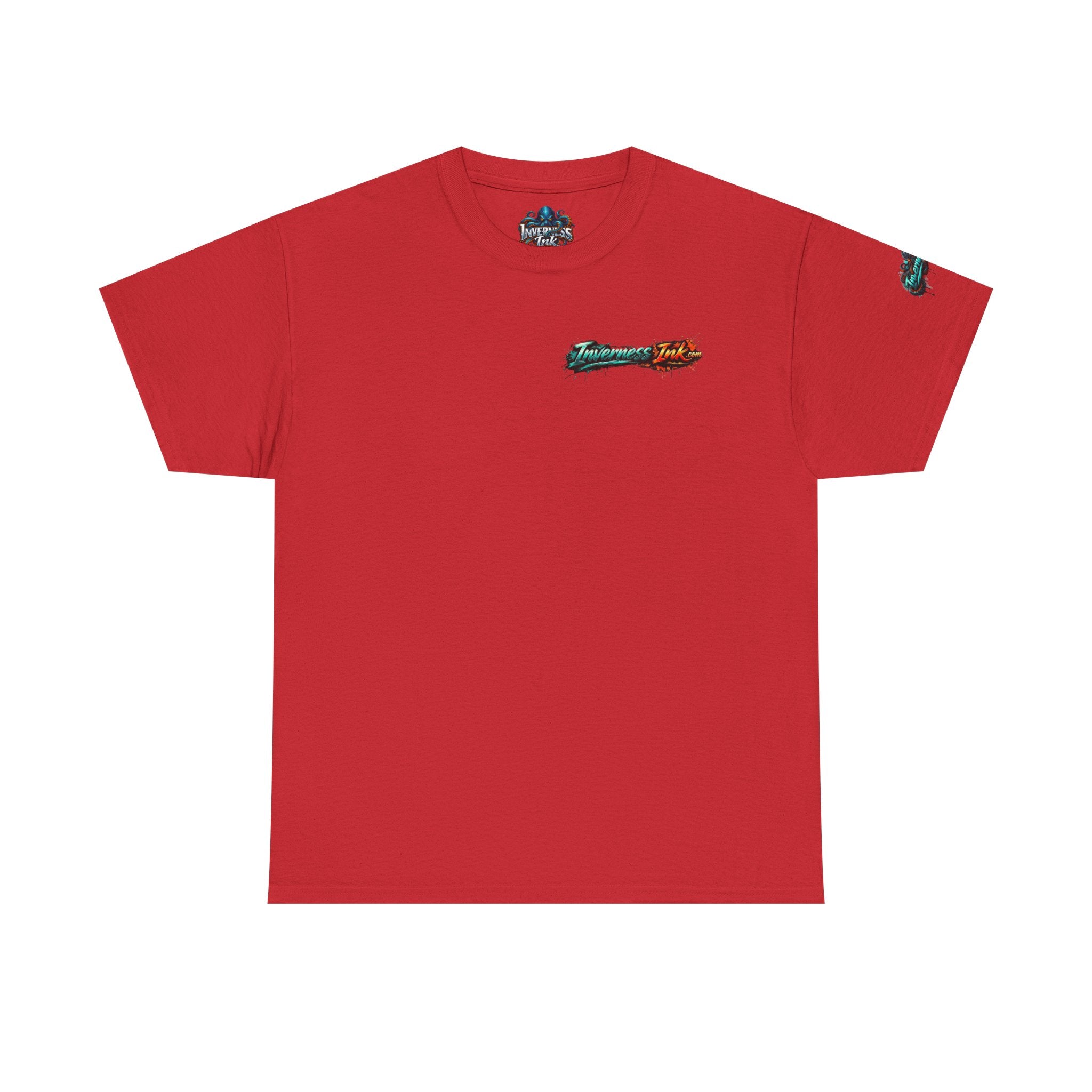 Inverness Ink Graphic Tee — Bold Blue & Orange Splash Backprint