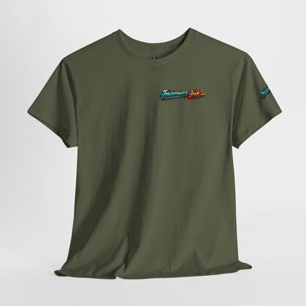 Inverness Ink Graphic Tee — Bold Blue & Orange Splash Backprint