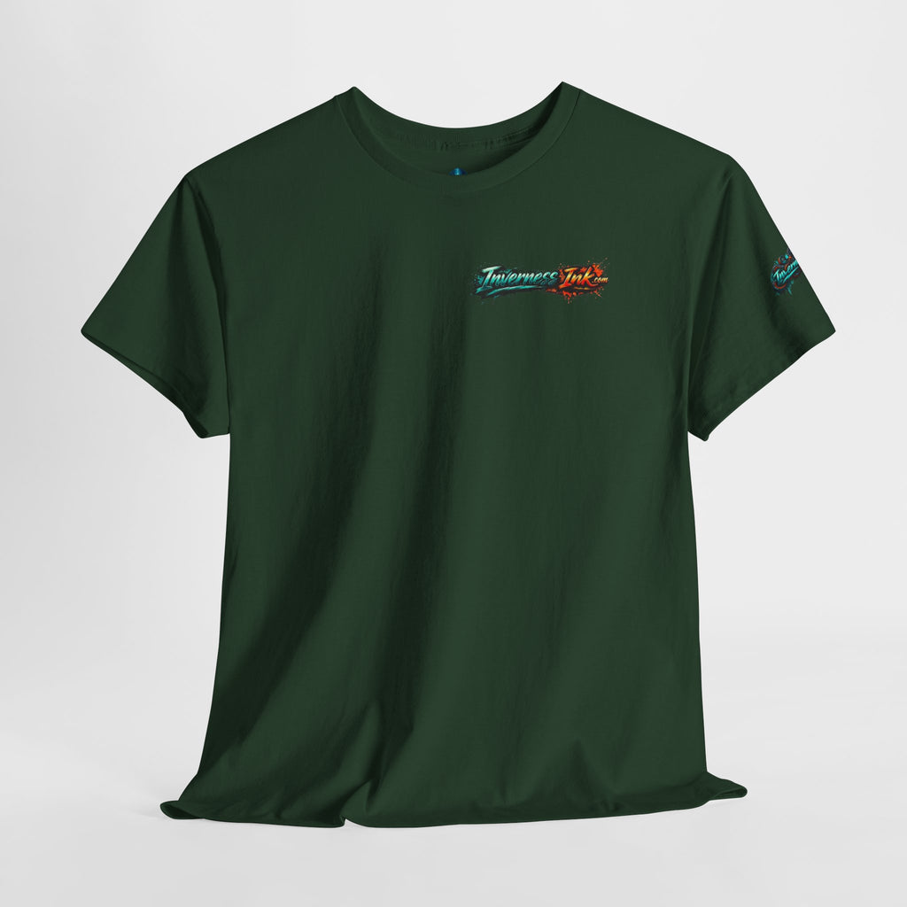 Inverness Ink Graphic Tee — Bold Blue & Orange Splash Backprint