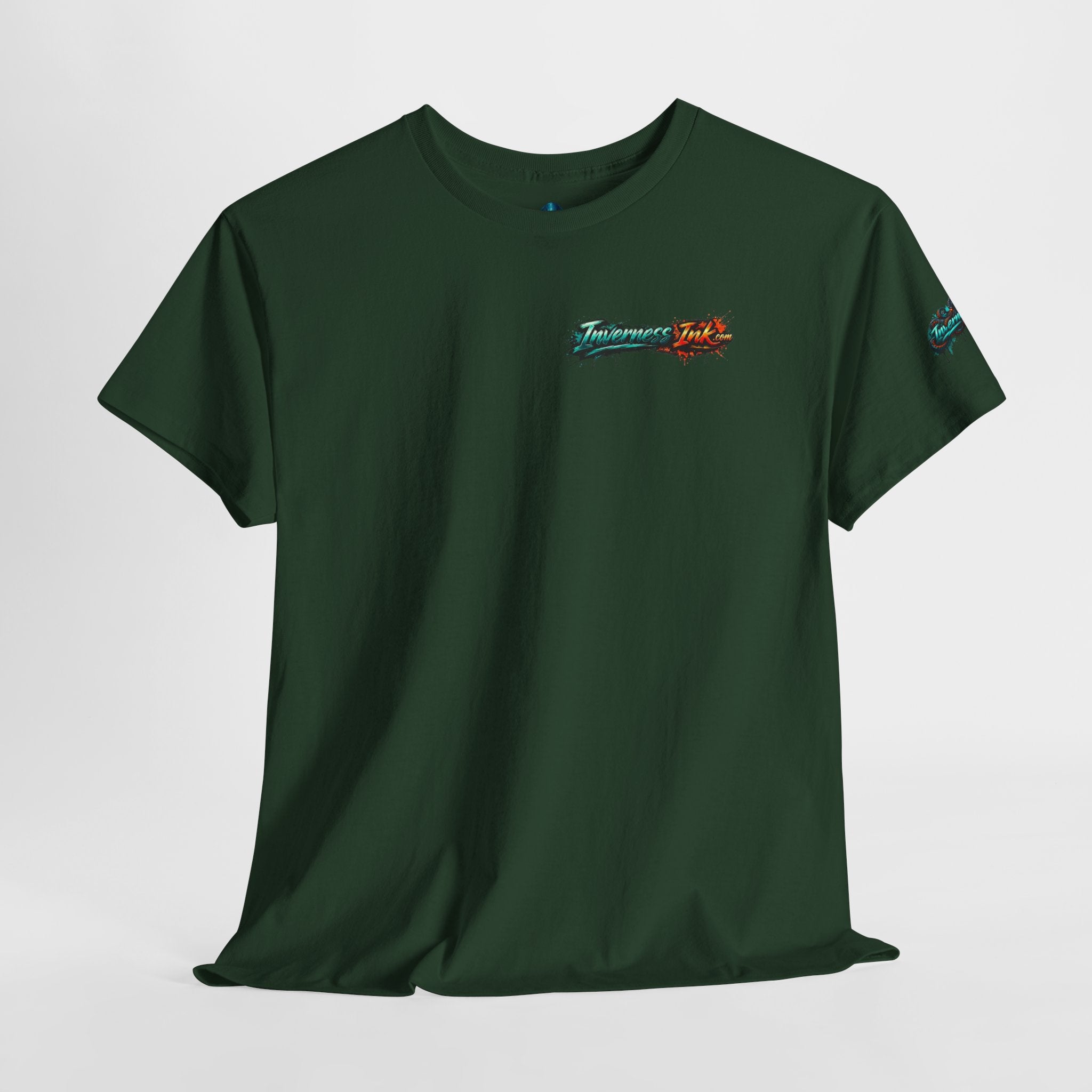 Inverness Ink Graphic Tee — Bold Blue & Orange Splash Backprint