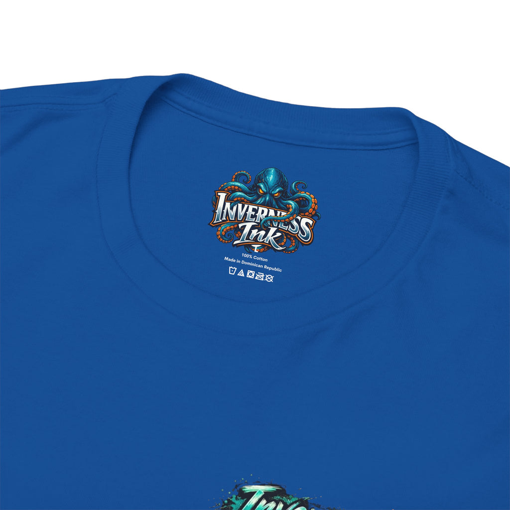 Inverness Ink Graphic Tee — Bold Blue & Orange Splash Backprint