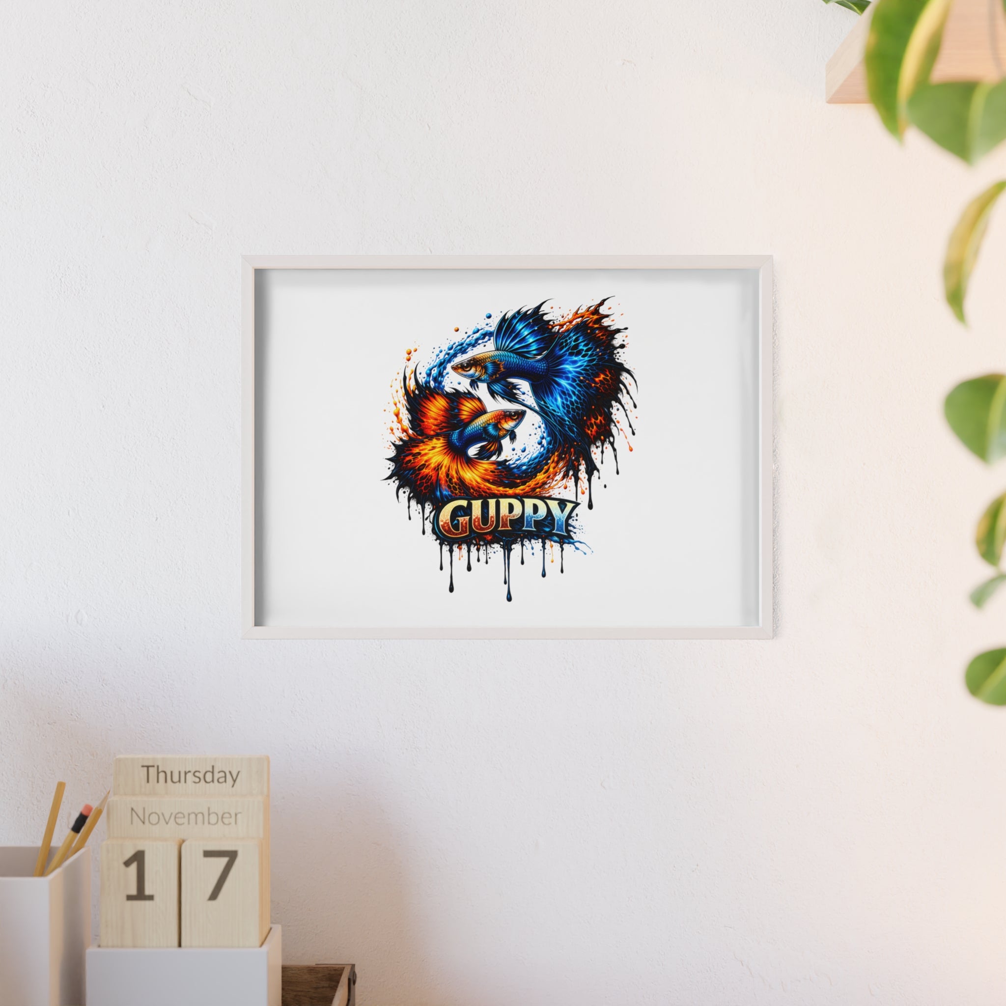 Guppy Fish Art Poster with Wooden Frame — Colorful Koi-Style Aquarium Print