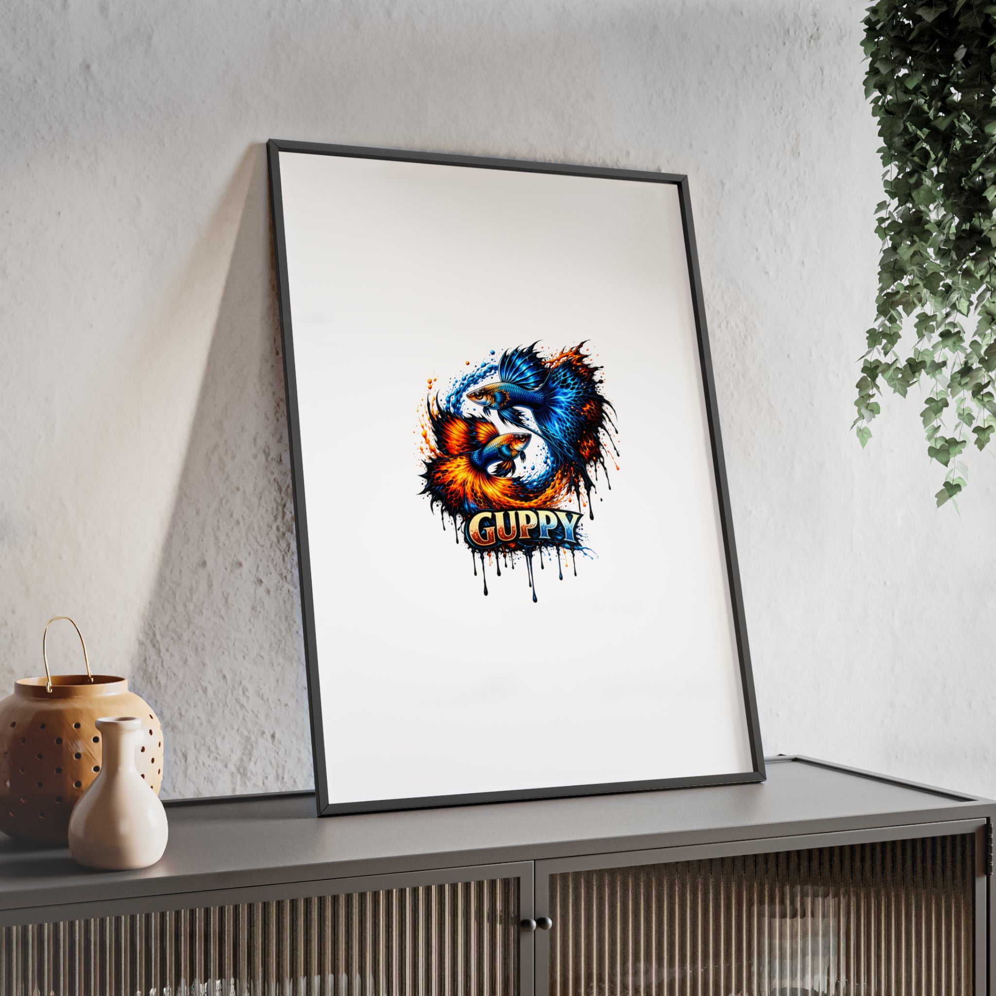 Guppy Fish Art Poster with Wooden Frame — Colorful Koi-Style Aquarium Print
