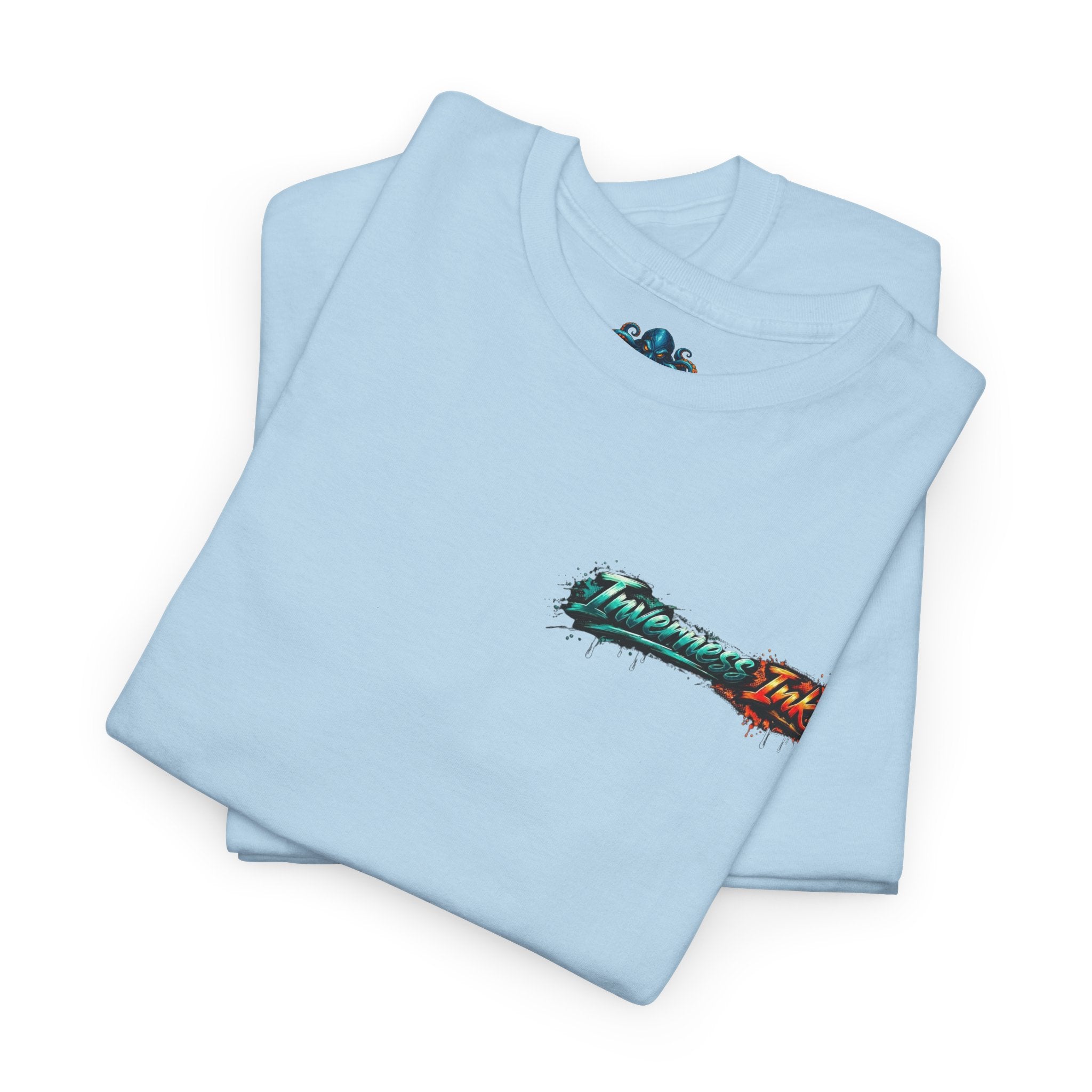 Inverness Ink Graphic Tee — Bold Blue & Orange Splash Backprint
